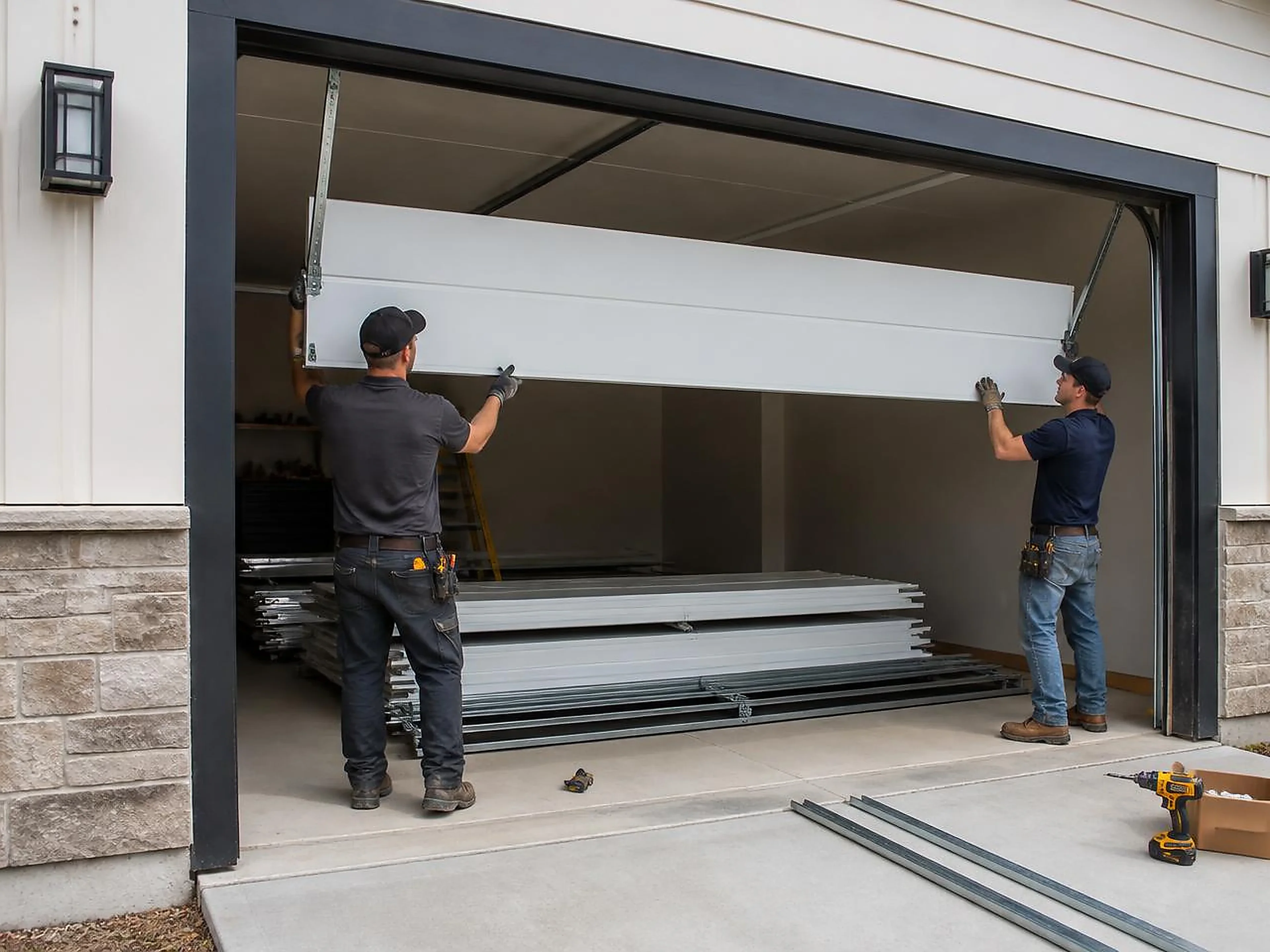 Two technicians installing a new sectional garage door panel