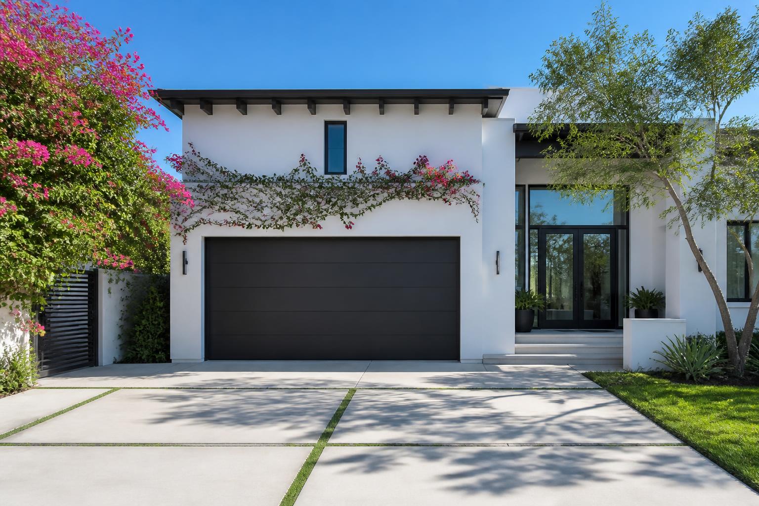 Modern dark garage door on a bright white home in daylight