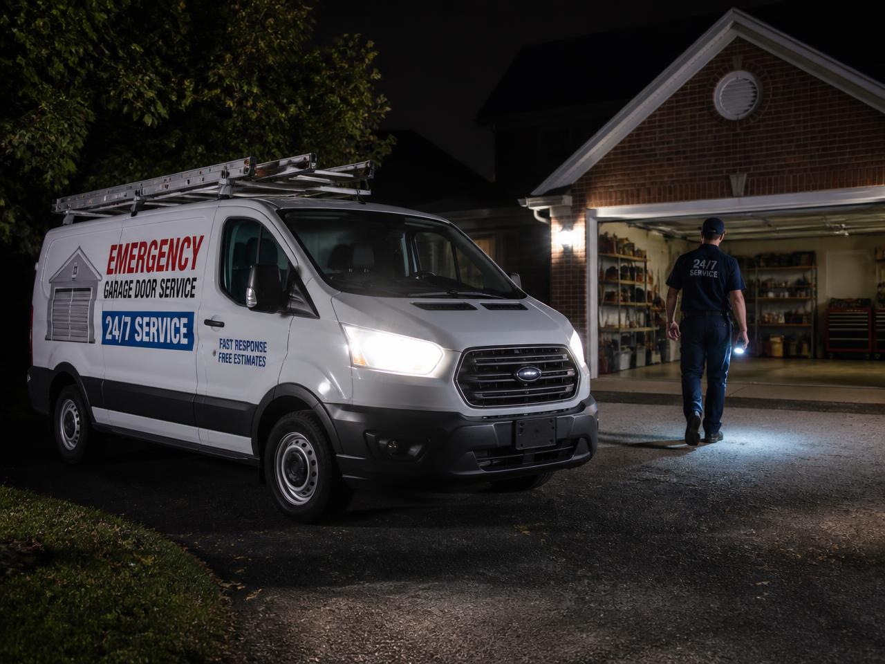 Emergency garage door service van at a home at night