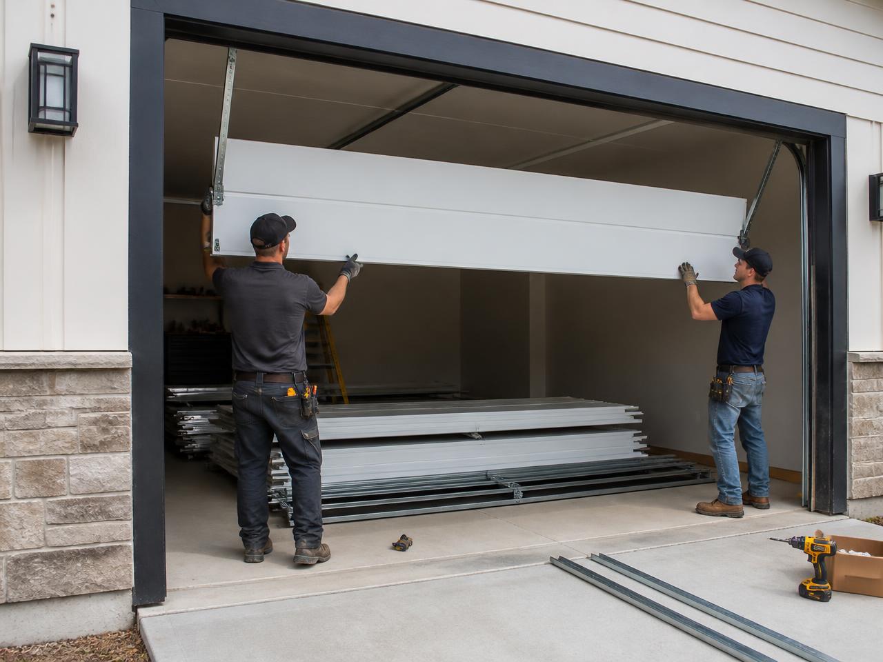 Two technicians installing a new sectional garage door panel