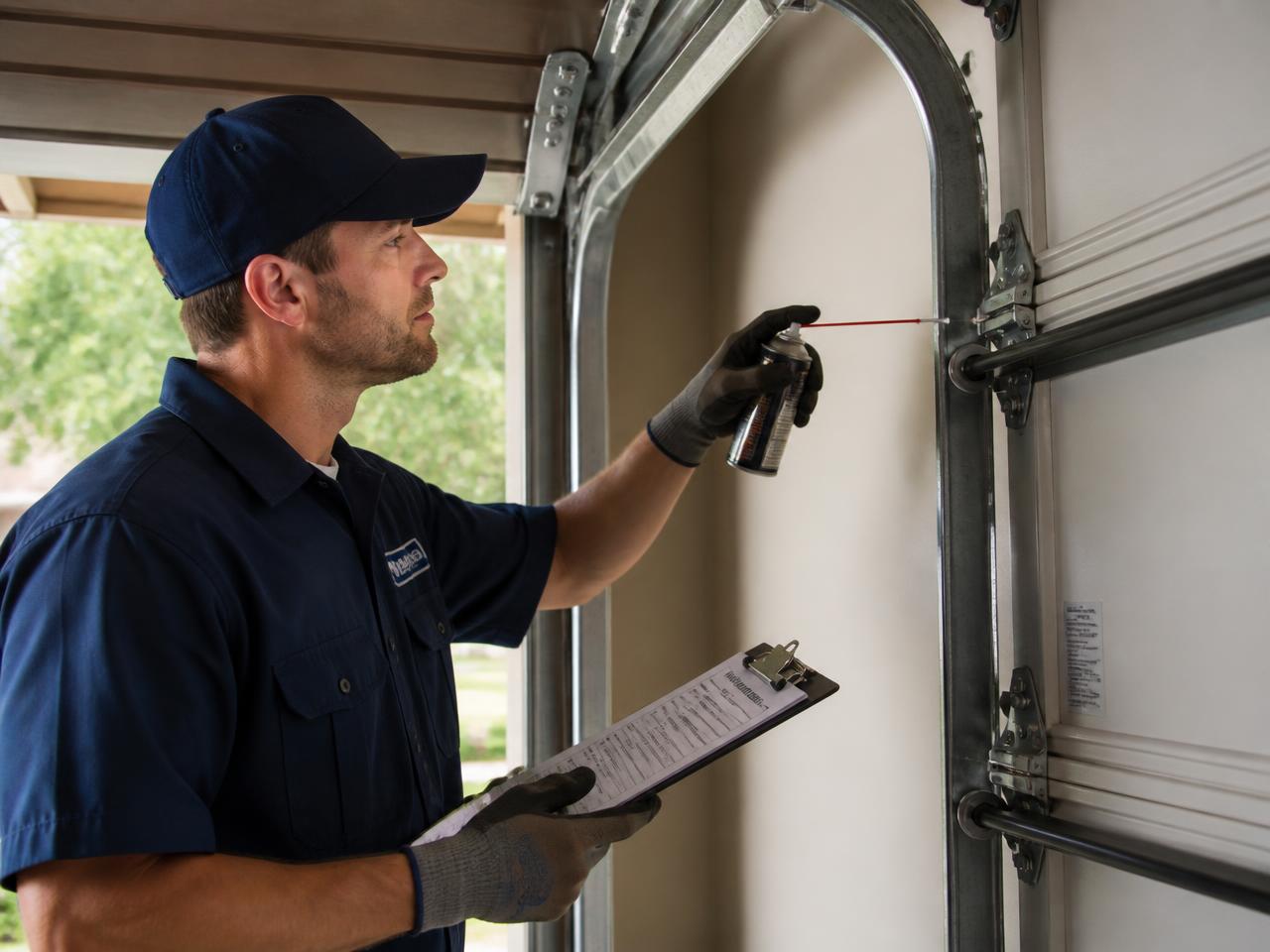 Technician inspecting and lubricating garage door rollers and track