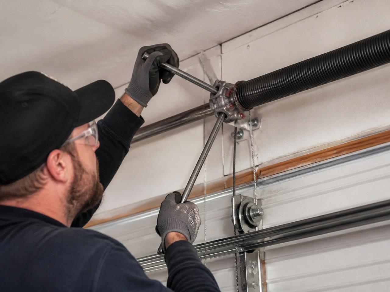 Close up of a technician repairing a garage door torsion spring